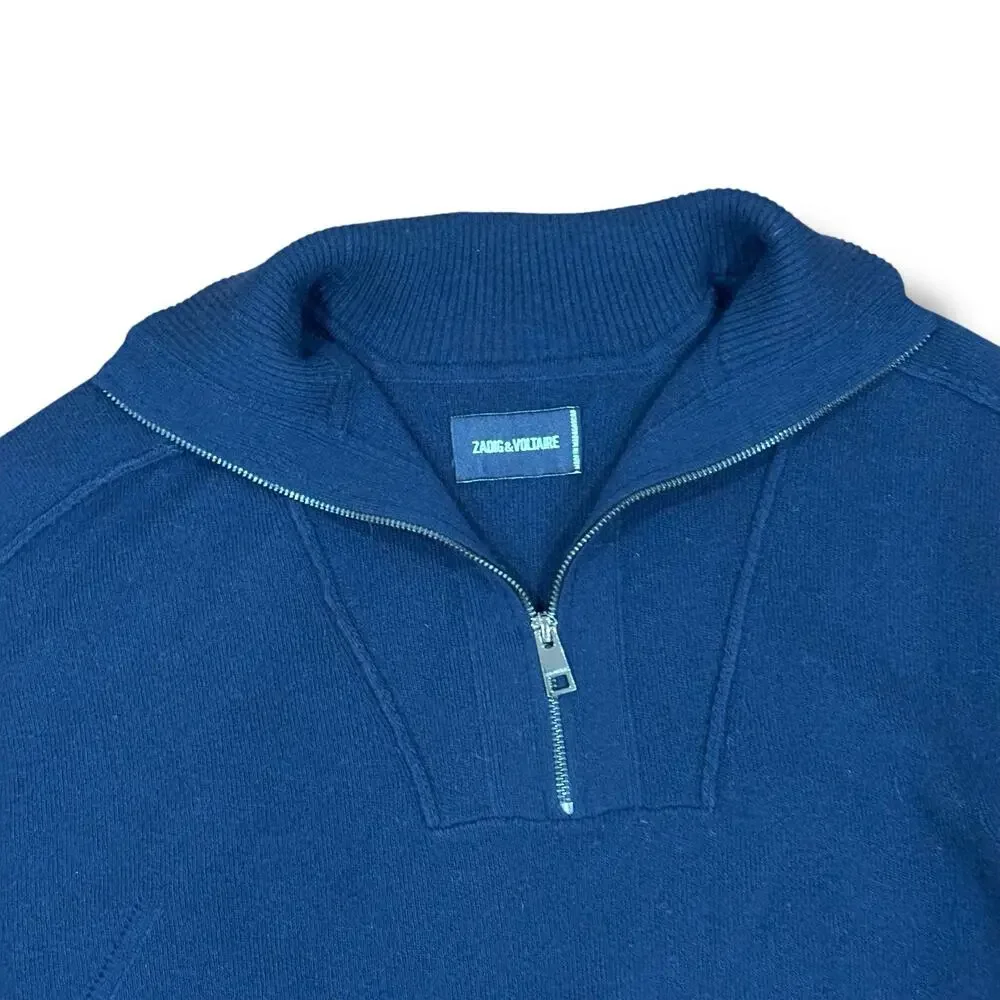 Zadig Voltaire Men’s Size M L XL Navy Blue Merino Wool Quarter Zip Sweater